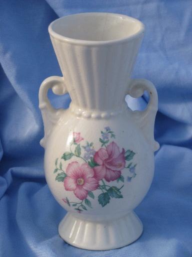 vintage Royal Copley shabby roses china, ivory ewer pitcher and urn vase