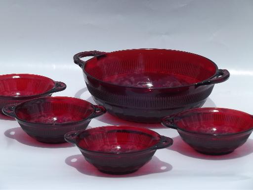 vintage Royal Ruby red glass berry bowls or fruit salad set, rays and ribs