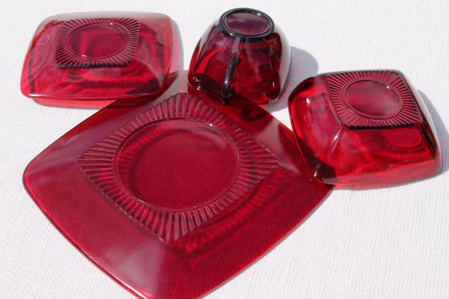 vintage Royal Ruby red glass dishes, Anchor Hocking Charm square plates, cups, bowls set for 4