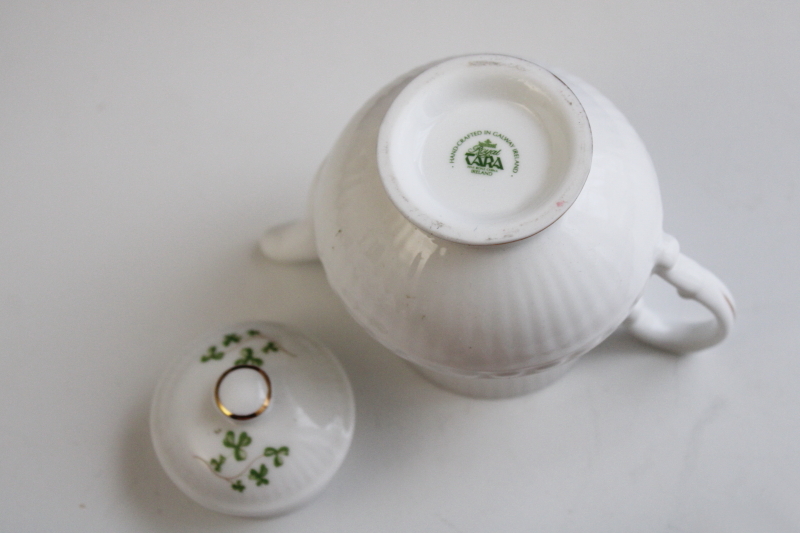 vintage Royal Tara shamrock china mini teapot, childs size doll dishes Irish lucky clover pattern