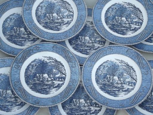 vintage Royal china Currier & Ives blue and white dinner plates