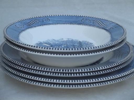 vintage Royal ironstone Currier & Ives blue and white plates and soup bowls