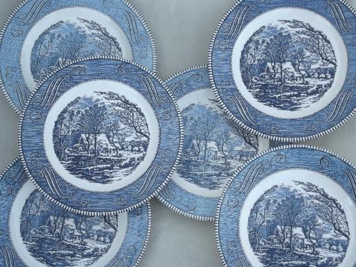 vintage Royal ironstone china Currier & Ives blue and white dinner plates