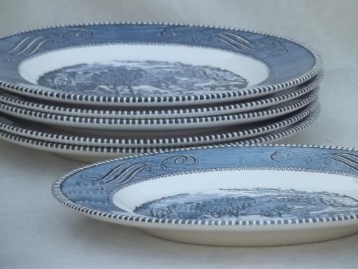 vintage Royal ironstone china Currier & Ives blue and white dinner plates