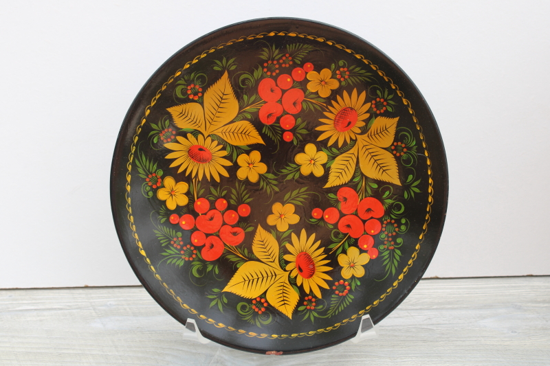 Vintage Russian Khokhloma Traditional Folk Art Hand Painted Black Gold