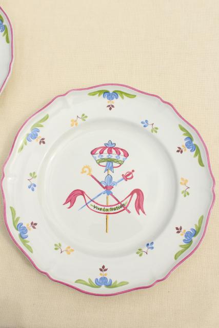 vintage Saint Amand French faience pottery plates, hand painted coat of arms