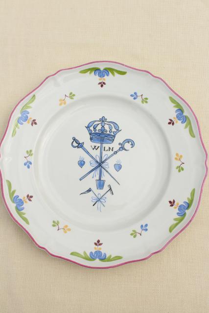 vintage Saint Amand French faience pottery plates, hand painted coat of arms