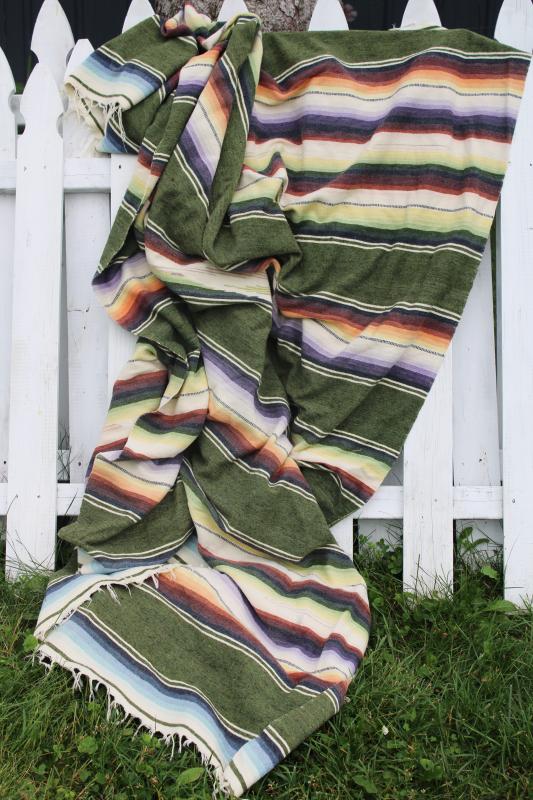 vintage Saltillo Mexican blanket or rug cotton wool woven stripes cactus green southwest decor