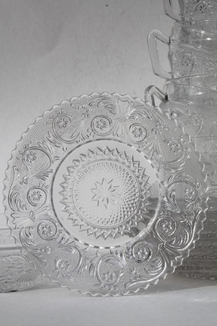 vintage Sandwich pattern pressed glass cups & saucers, crystal clear depression glass Duncan & Miller