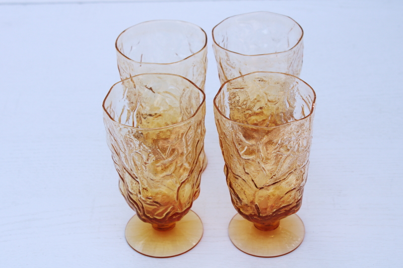 vintage Seneca Driftwood pattern crinkle glass water glasses, amber glass footed tumblers