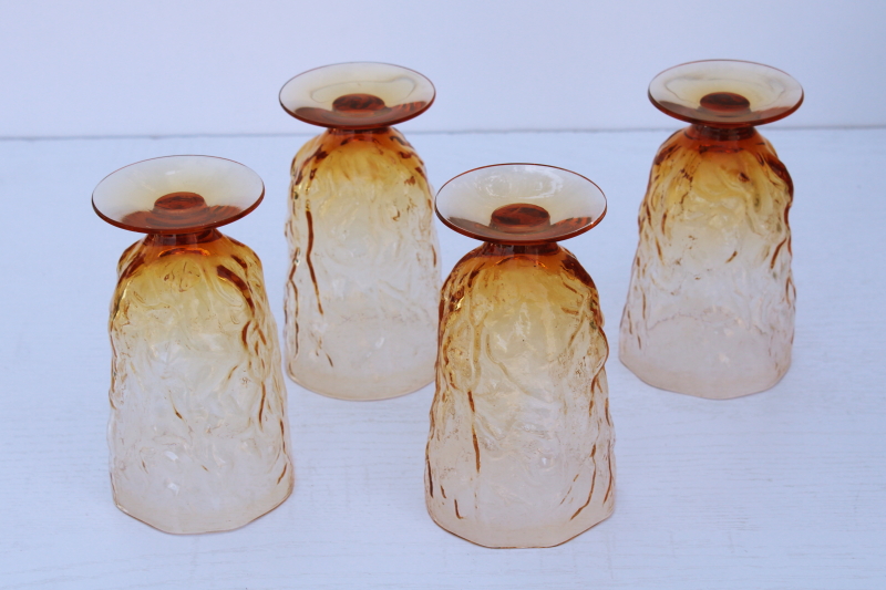 vintage Seneca Driftwood pattern crinkle glass water glasses, amber glass footed tumblers