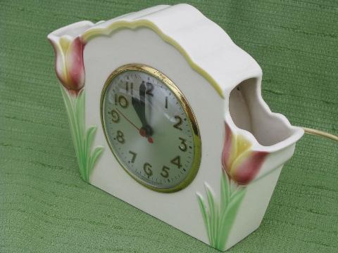 vintage Sessions kitchen shelf clock, pink tulip pocket vases china case