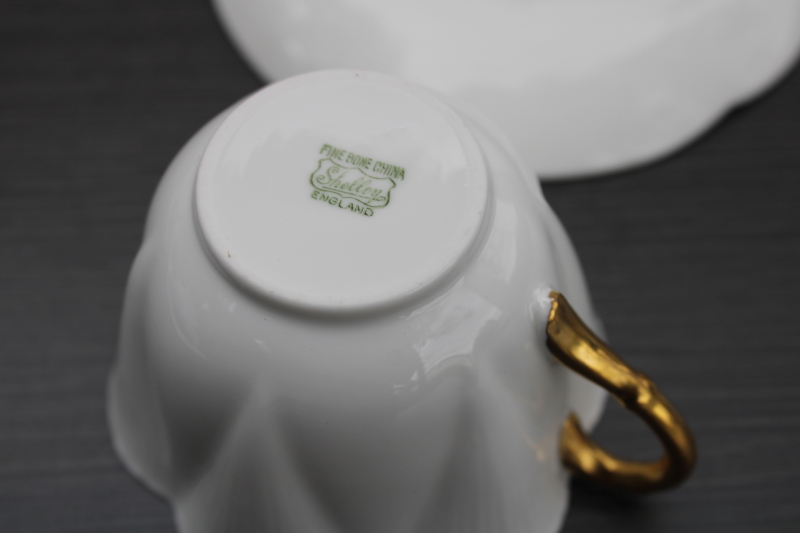 vintage Shelley English bone china tea cup saucer Regency white w/ gold, Dainty pattern