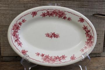 vintage Shenango ironstone china oval plate or butter dish, red transferware leaves print