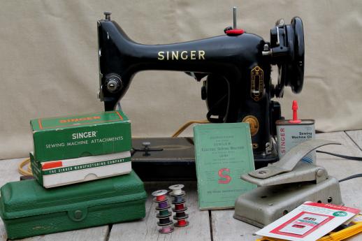 vintage Singer 99k sewing machine, electric mid century sewing machine w/ attachments
