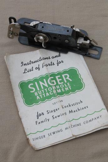 vintage Singer sewing machine buttonhole attachment w/ manual, Singer 121795 buttonholer