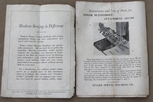 vintage Singer sewing machine buttonhole attachment w/ manual, Singer 121795 buttonholer