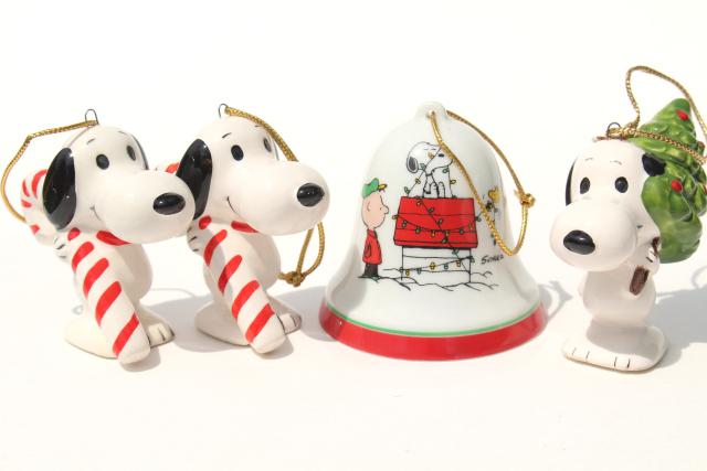 vintage Snoopy Christmas ornaments, 70s Peanuts Charlie Brown Woodstock bell
