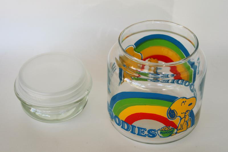 vintage Snoopy Woodstock rainbow print glass Goodies candy jar, small canister