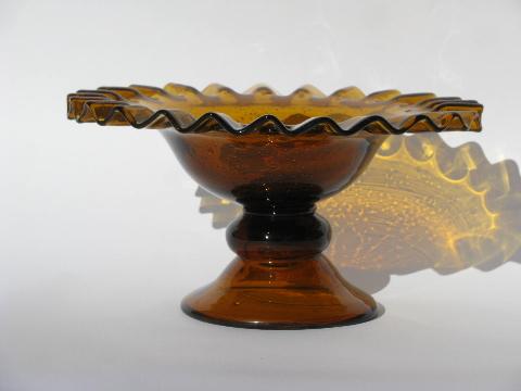 vintage Spain, hand-blown Spanish art glass ruffled bowl, amber glass w/ bubbles