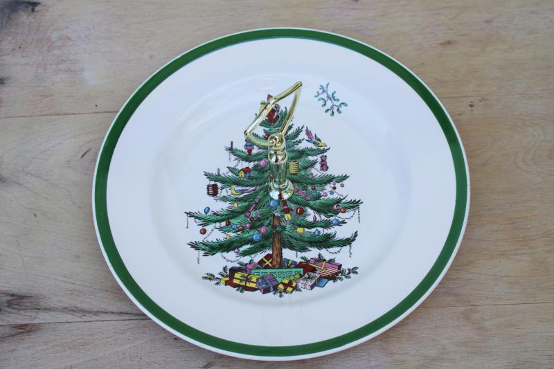 vintage Spode England Christmas tree cake or sandwich plate, round tray w/ center handle