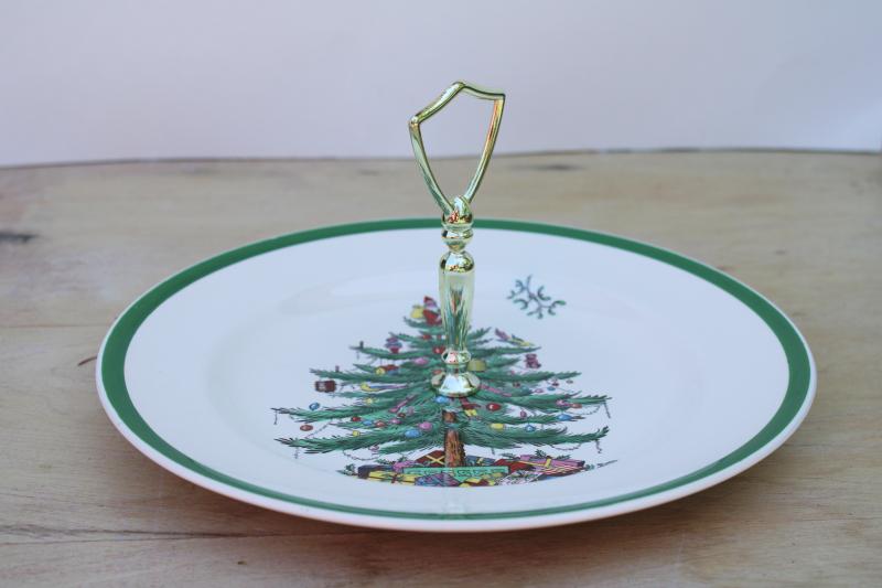 vintage Spode England Christmas tree cake or sandwich plate, round tray w/ center handle