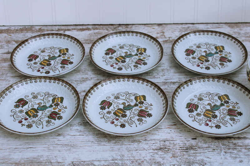 vintage Staffordshire china cups saucers for 6, English Partridge brown multicolor transferware bird pattern