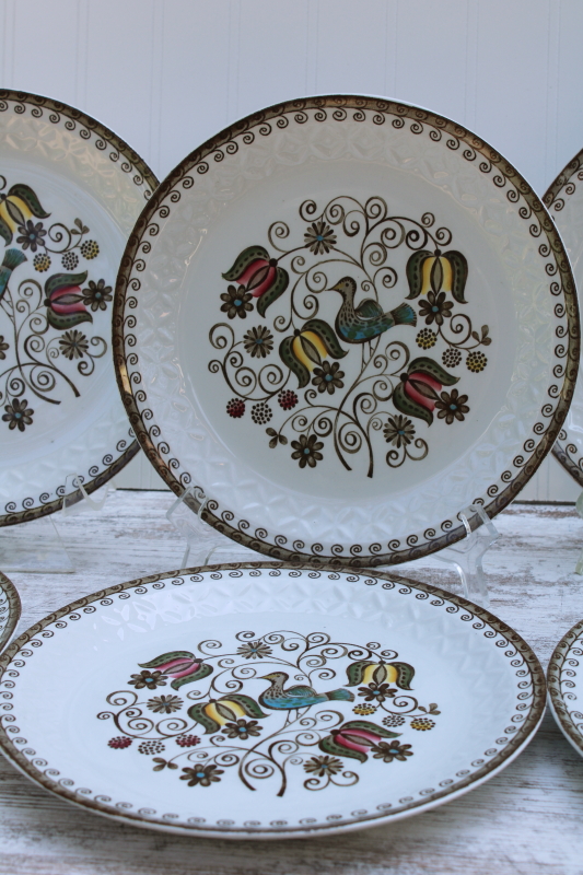 vintage Staffordshire china dinner plates set, English Partridge brown multicolor transferware bird pattern