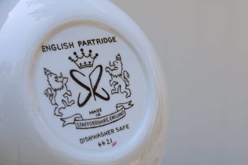 vintage Staffordshire china dinner plates set, English Partridge brown multicolor transferware bird pattern