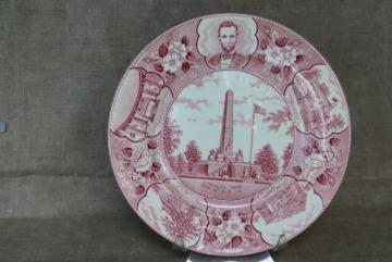 vintage Staffordshire china red transferware plate, souvenir of Lincoln Springfield Illinois