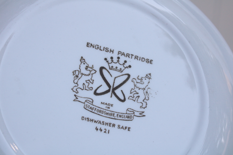 vintage Staffordshire china salad plates set, English Partridge brown multicolor transferware bird pattern