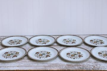 vintage Staffordshire china salad plates set, English Partridge brown multicolor transferware bird pattern