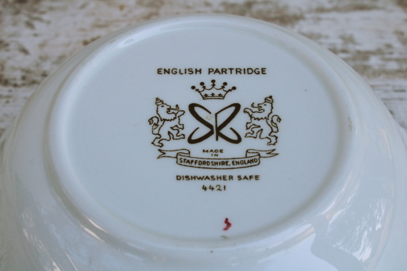 vintage Staffordshire china serving bowl, English Partridge brown multicolor transferware bird pattern