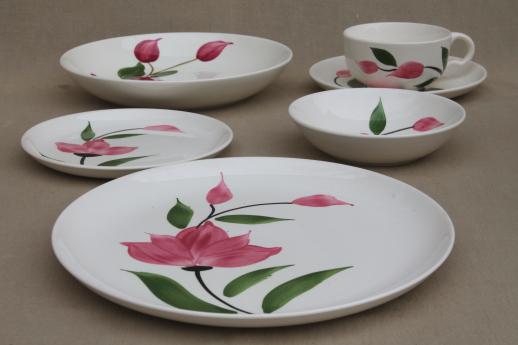 vintage Stetson Rio pottery dinnerware set for 6, red - pink rose flower
