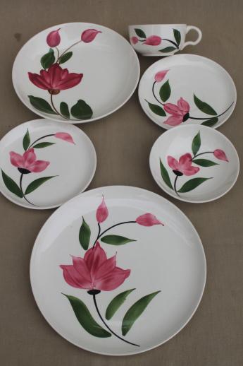 vintage Stetson Rio pottery dinnerware set for 6, red - pink rose flower