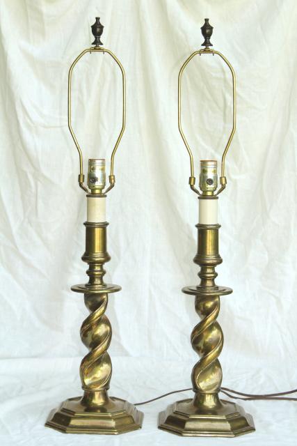 vintage Stiffel lamps, barley twist heavy brass candlestick lamp pair