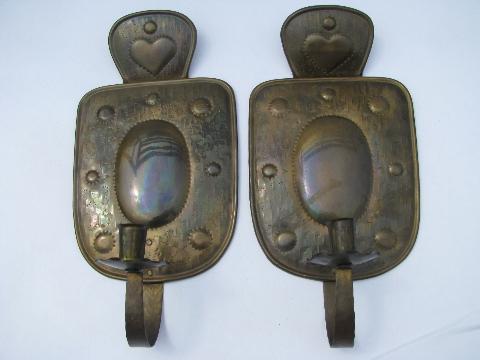 vintage Sweden solid brass wall candle sconces pair, Swedish country hearts