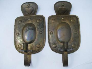vintage Sweden solid brass wall candle sconces pair, Swedish country hearts