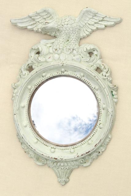 vintage Syroco Federal eagle frame w/ shabby white paint, bullseye bubble glass mirror