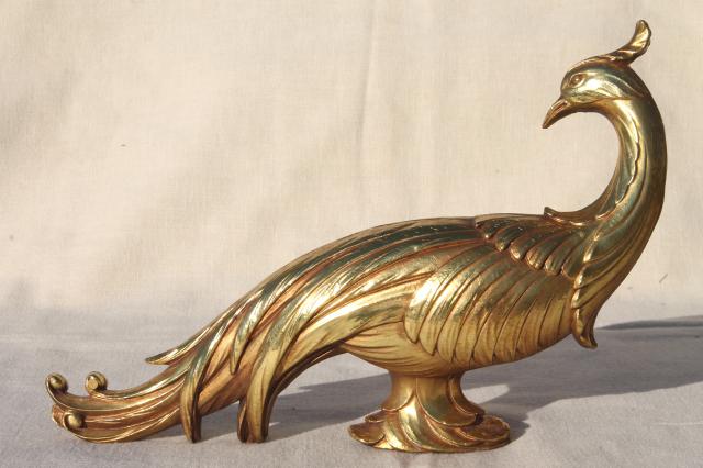 vintage Syroco gold statue figurines, pair of peacock birds, ornate exotic bird figures