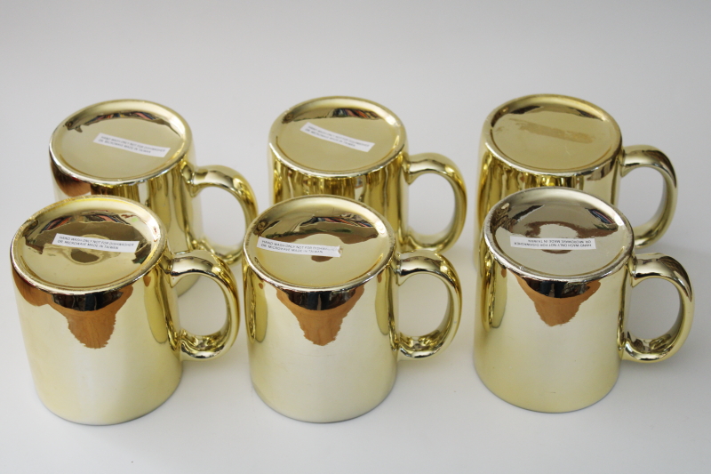 vintage Taiwan ceramic gold metallic foil coffee mugs set of 6, 80s 90s holiday tableware