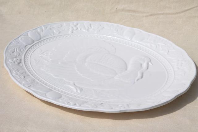 vintage Thanksgiving turkey platter embossed creamware style ceramic, made in Japan