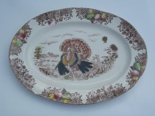 vintage Thanksgiving turkey platter, old unmarked transferware china