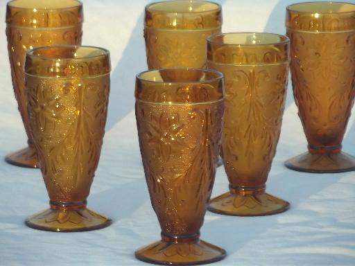 vintage Tiara amber sandwich glass iced tea glasses, 6 footed tumblers