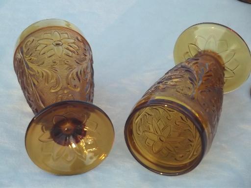vintage Tiara amber sandwich glass iced tea glasses, 6 footed tumblers