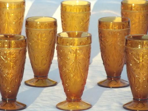 vintage Tiara amber sandwich glass iced tea glasses, 8 footed tumblers
