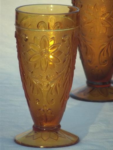 vintage Tiara amber sandwich glass iced tea glasses, 8 footed tumblers