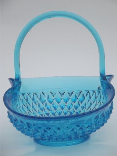 vintage Tiara blue glass basket, big glass basket in Indiana diamond point