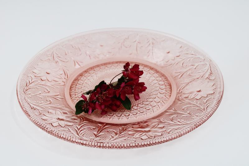 vintage Tiara sandwich pattern pressed glass in pink, large dinner plate