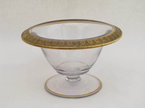 vintage Tiffin? 1920s small glass comport bowl, wide gold band floral trim